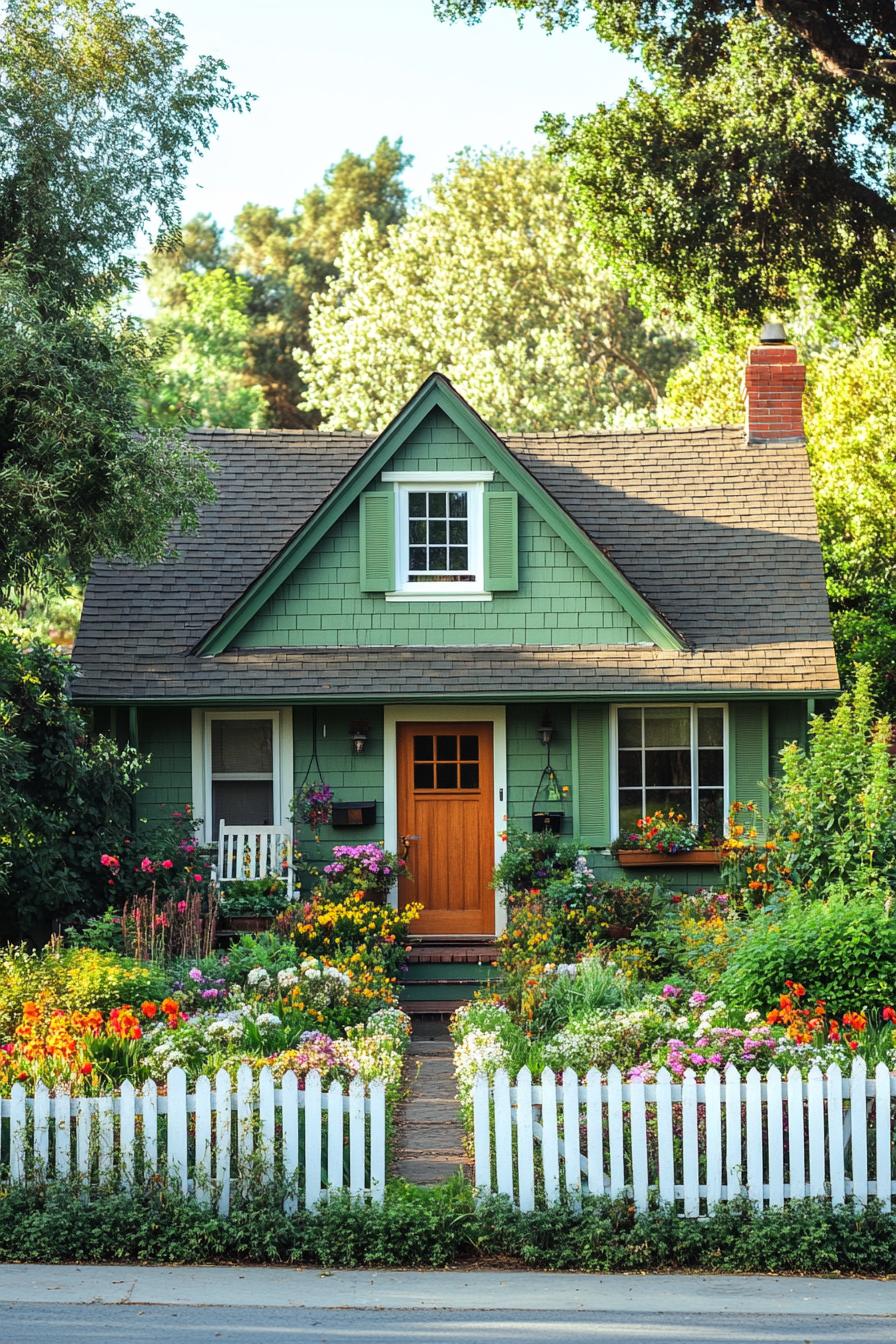 Green cottage surrounded by colorful flowers and a white picket fence