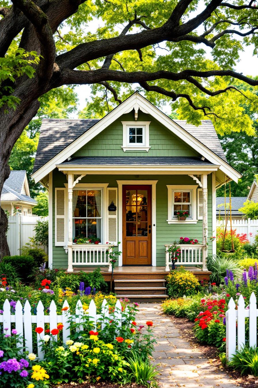 Tiny green cottage with a porch and lush garden