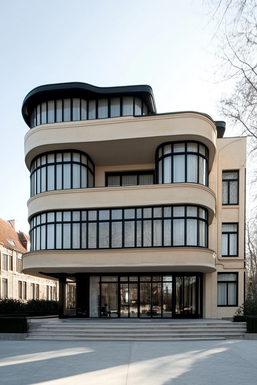 Art Deco house with curved balconies and black trim