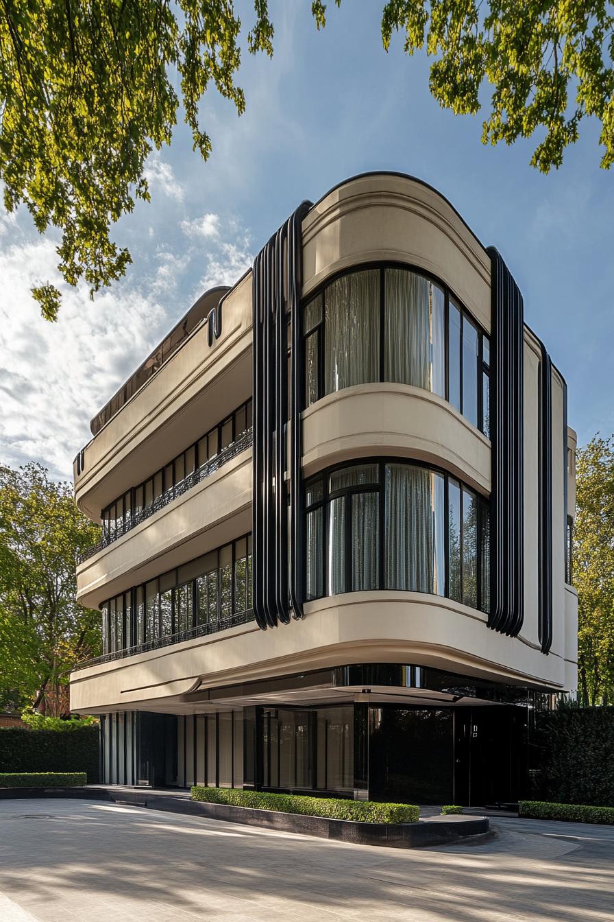 Stylish Art Deco building with curved facade and dark accents