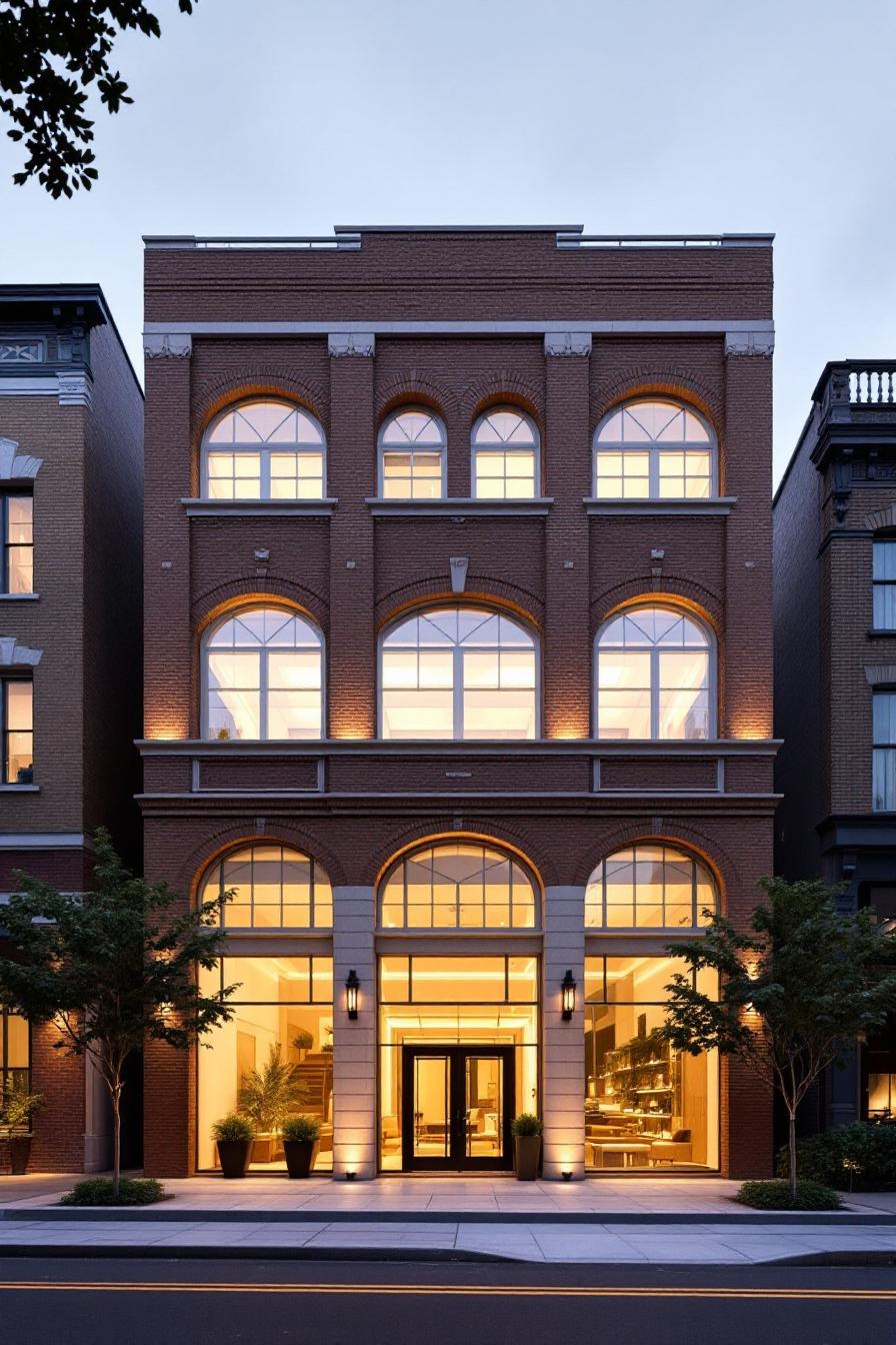 Brightly lit brick building with large arched windows