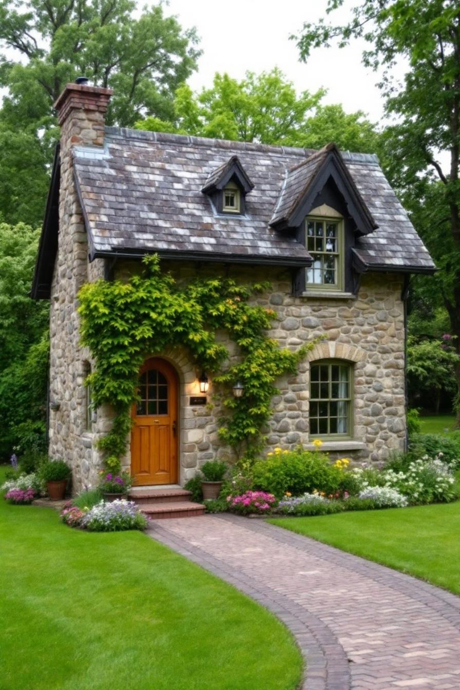 Charming stone cottage with ivy and wooden door