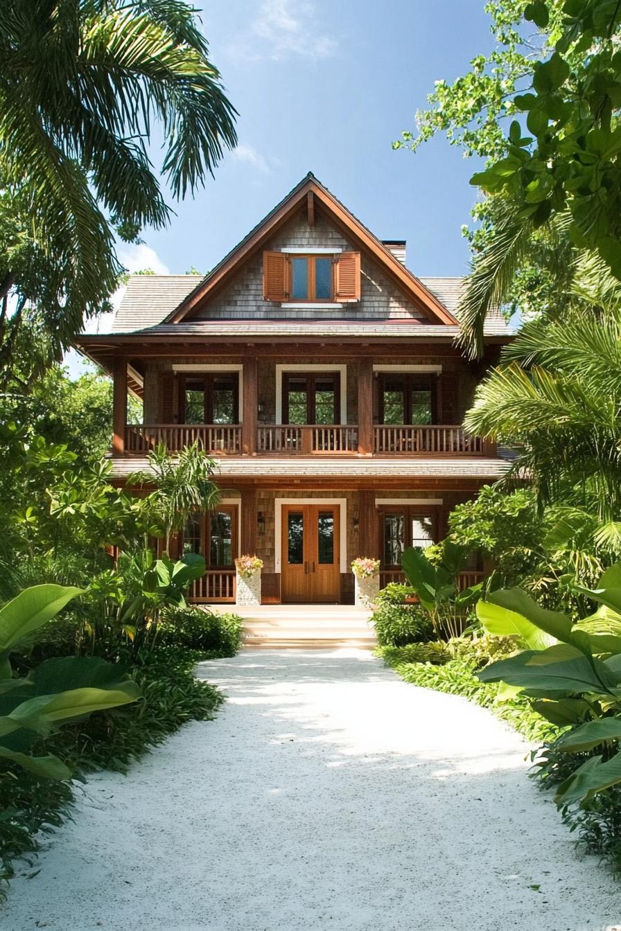 Tropical wooden house surrounded by lush greenery