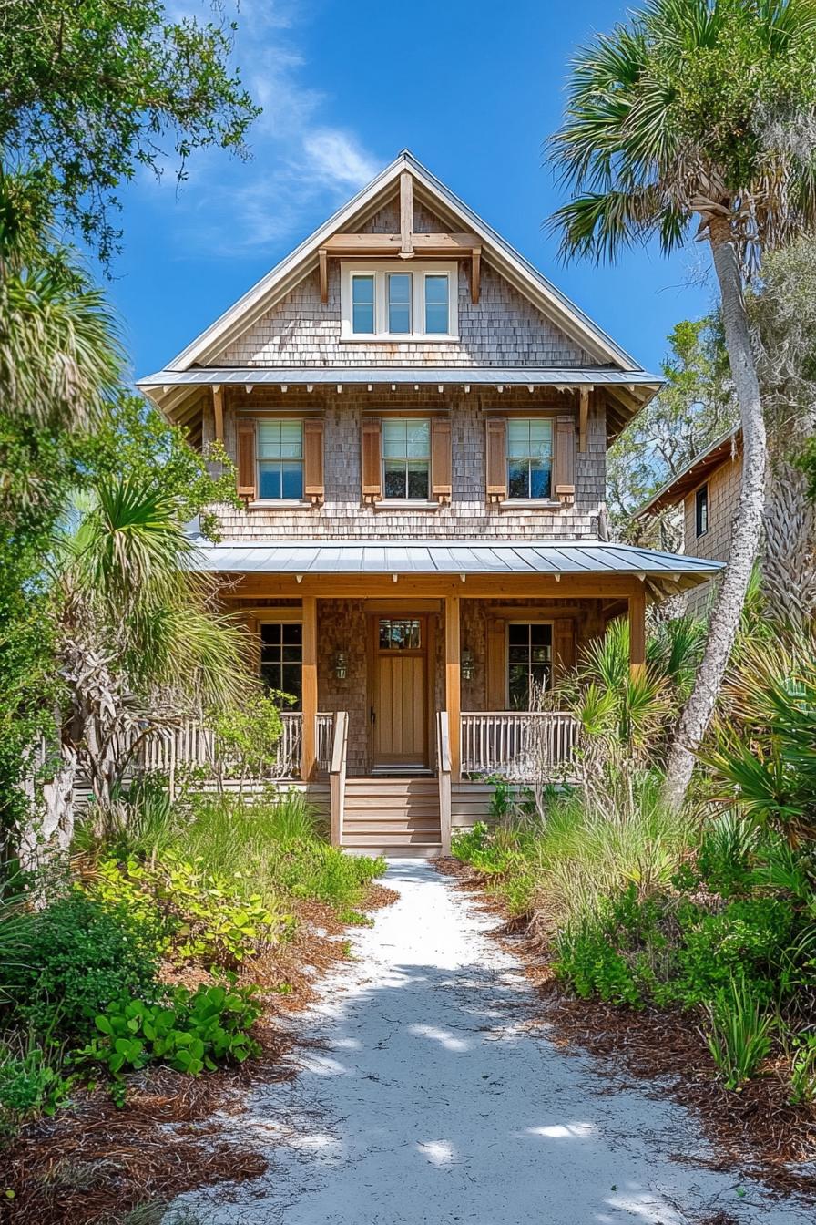 Coastal home with natural wood and lush greenery