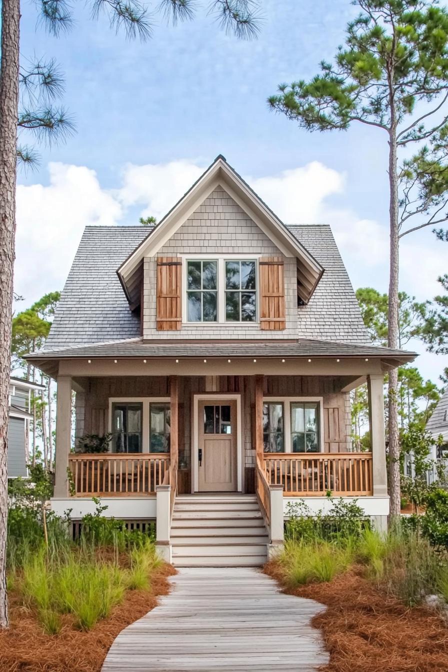 Cozy coastal house with wooden accents and a charming porch