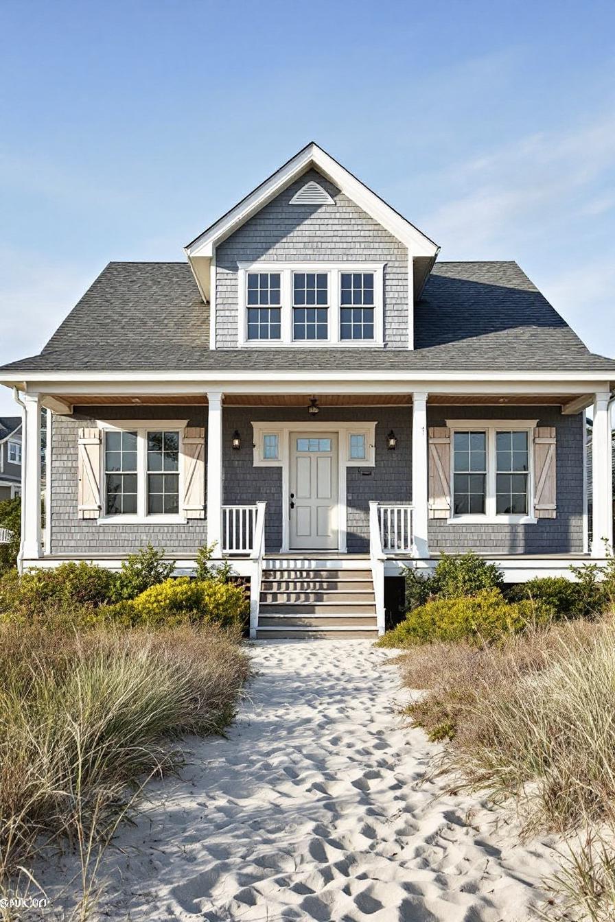 Gray house with white trim and sandy path