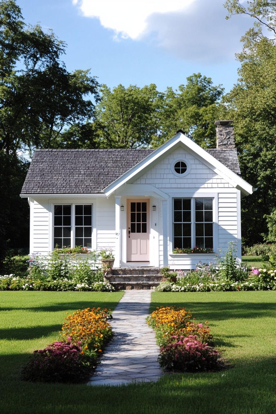 White cottage with a shingled roof and a stone path leading to it