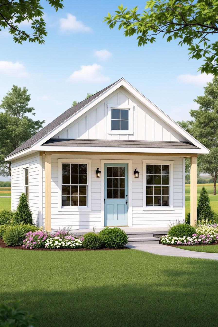 Cute white cottage with light blue door