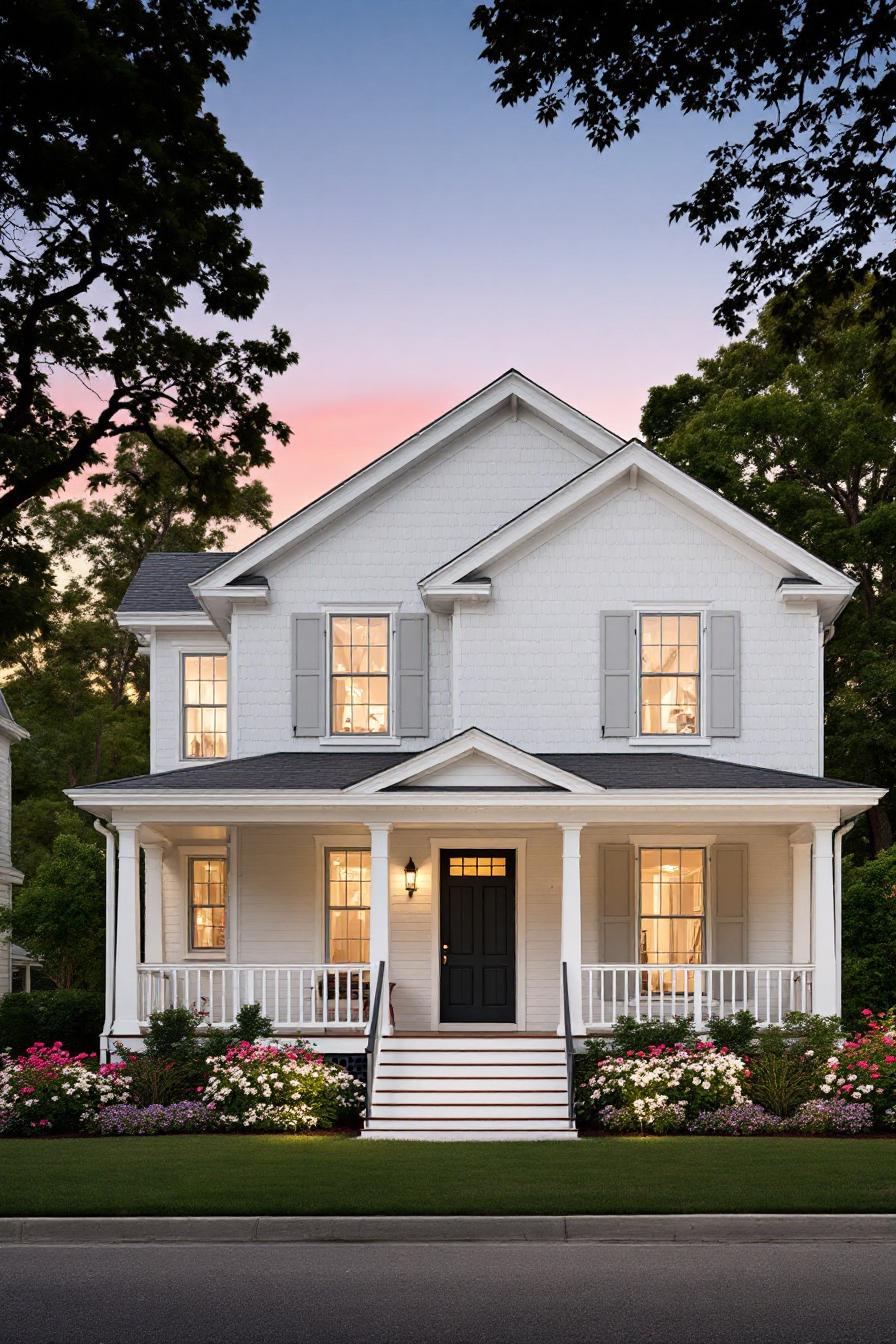 White house with flower-fringed porch at dusk