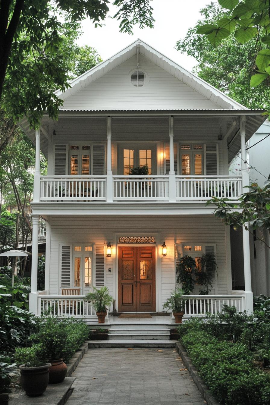 Southern-style home with wooden doors and a charming porch adorned with plants