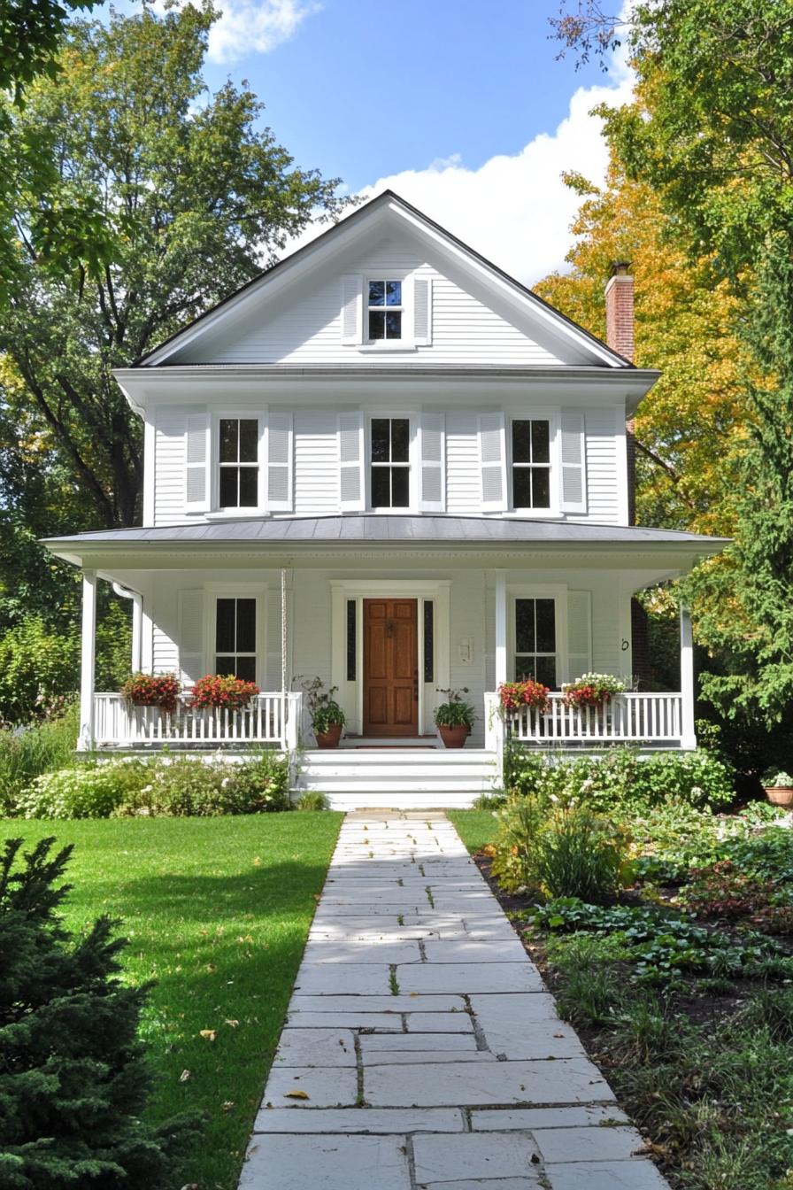 White house with a wooden door and white pathway