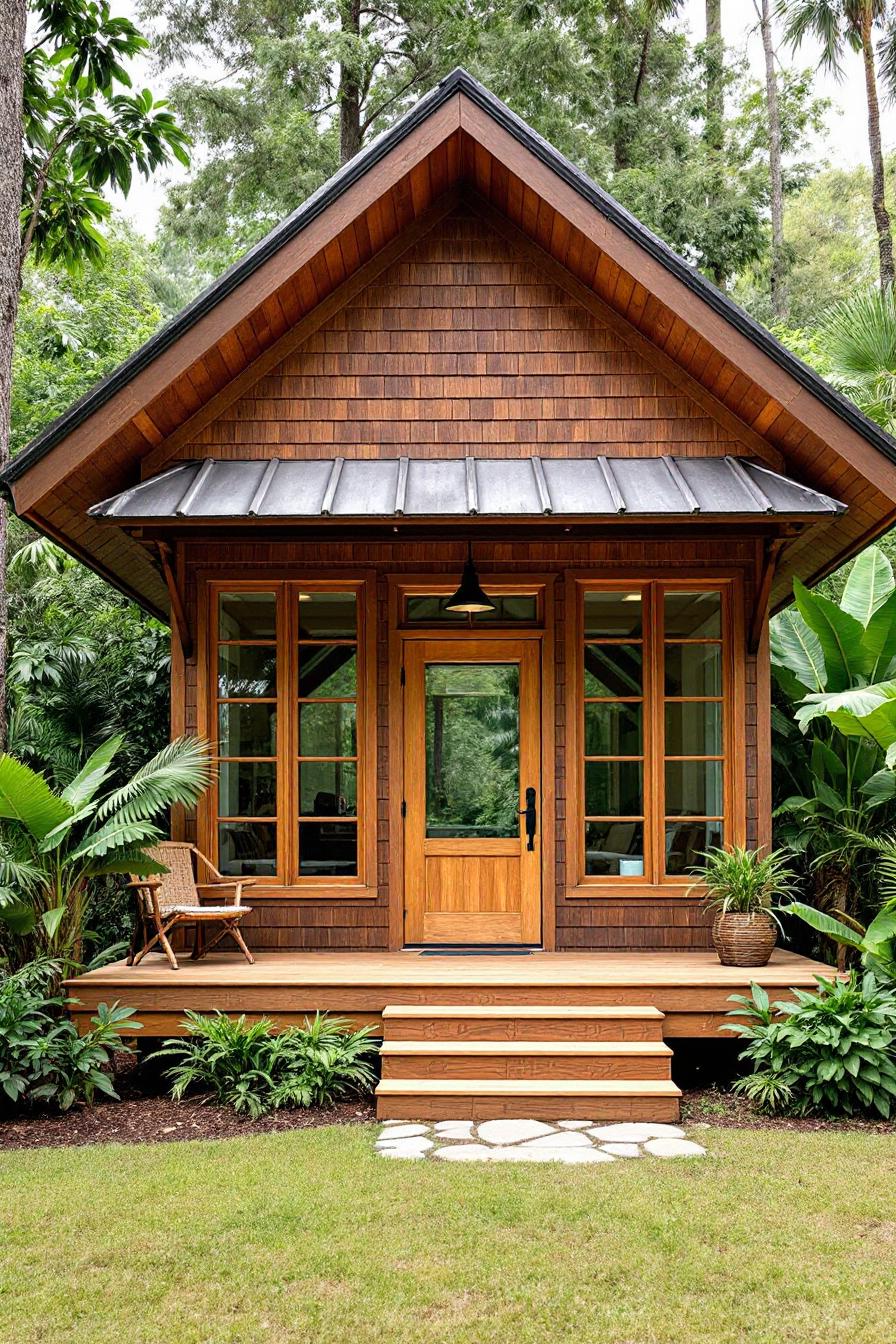 Charming wooden cottage surrounded by greenery