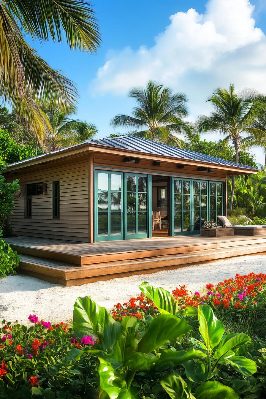 Tropical wooden cabin surrounded by palm trees