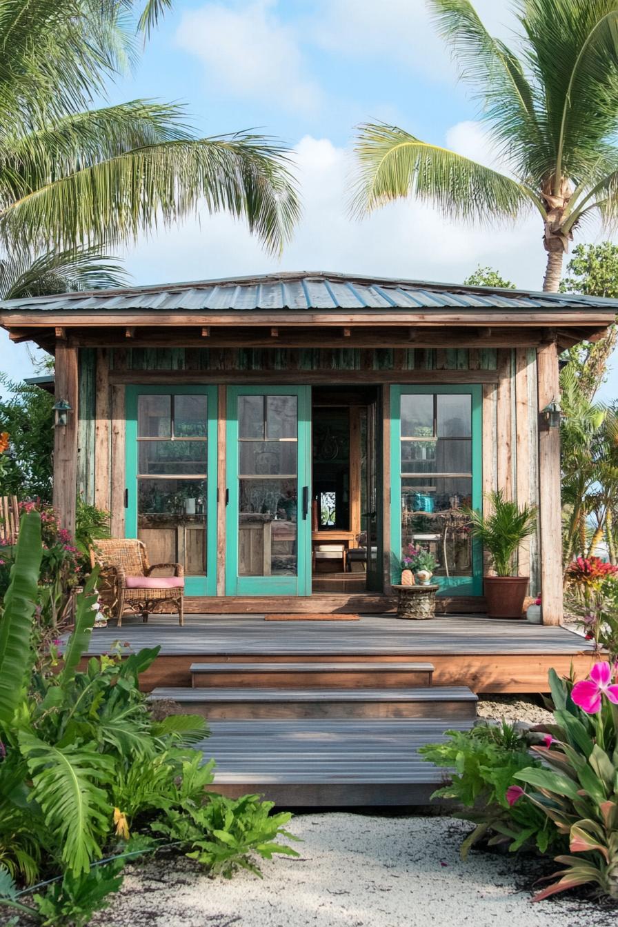 Quaint wooden cottage under palm trees