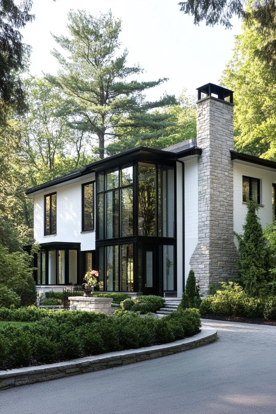 A pristine white house with prominent black trim surrounded by greenery