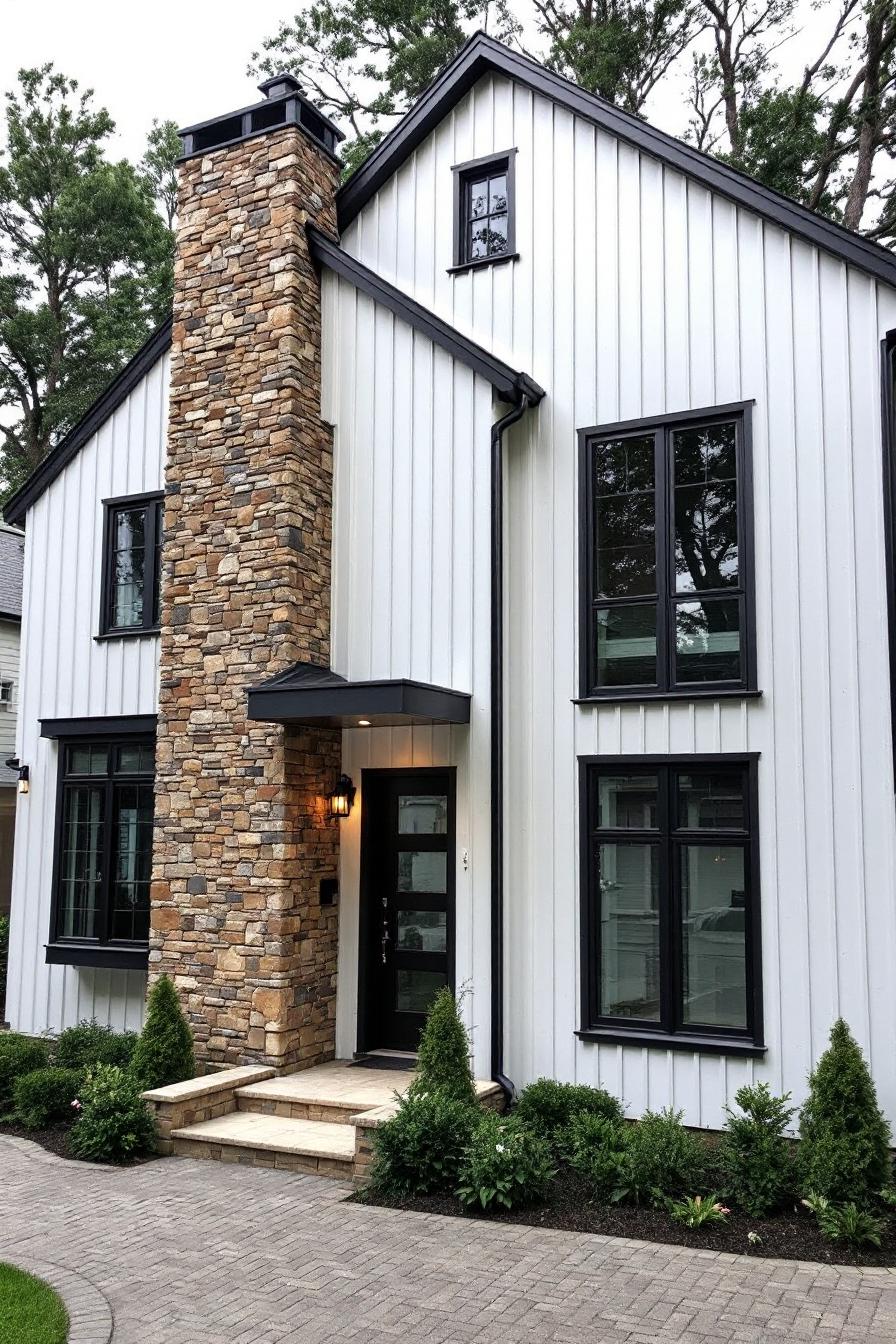 White house with black trim and stone chimney