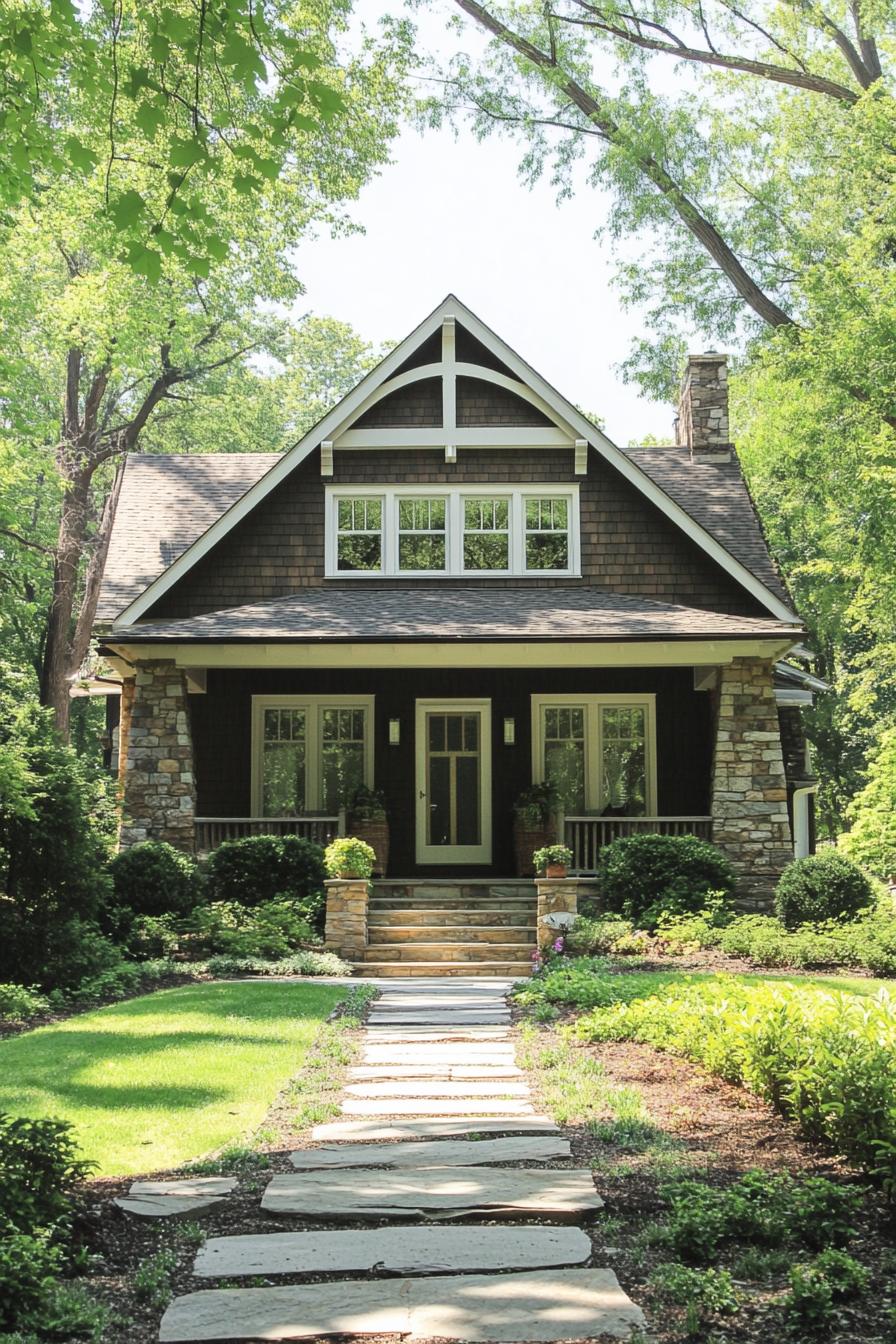 Craftsman house with stone steps and lush garden