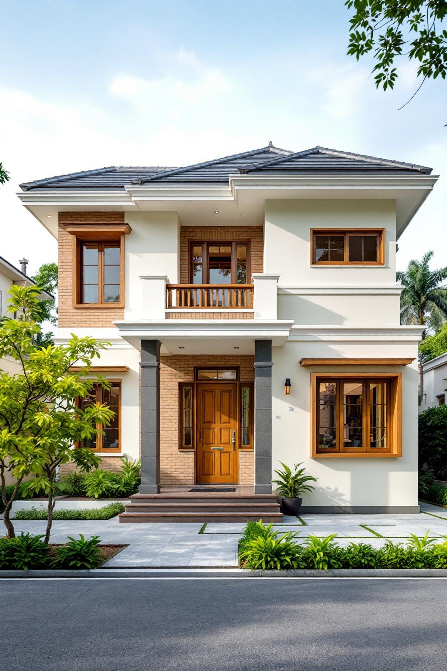 Elegant Kerala style house with wooden accents and lush greenery