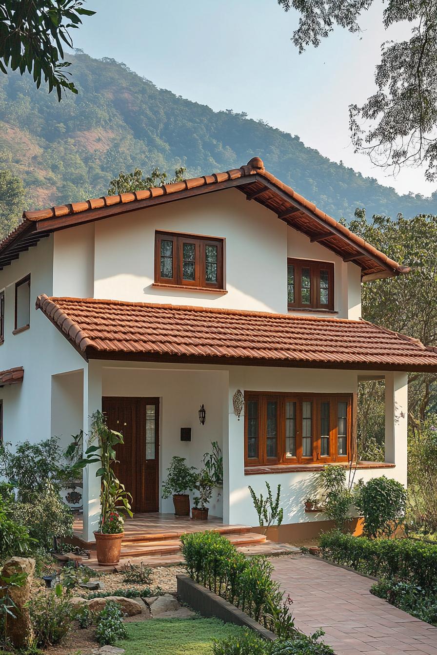 Modern white house with terracotta roof amidst lush greenery