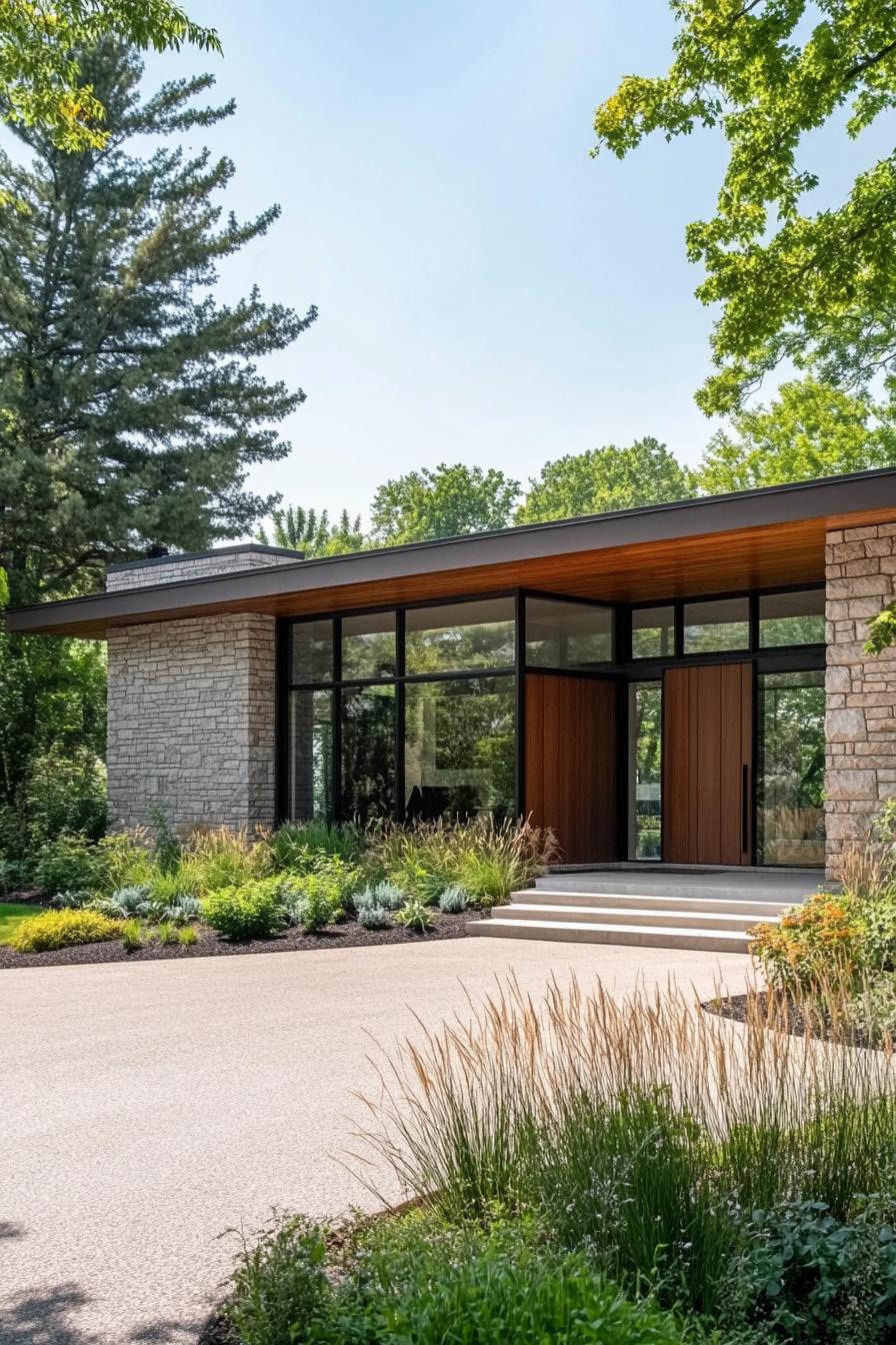 Modern house with glass walls amidst lush greenery