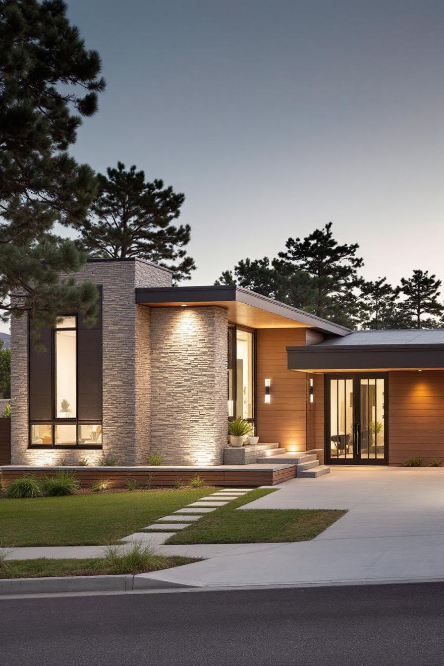 Modern house with warm lighting and stone facade