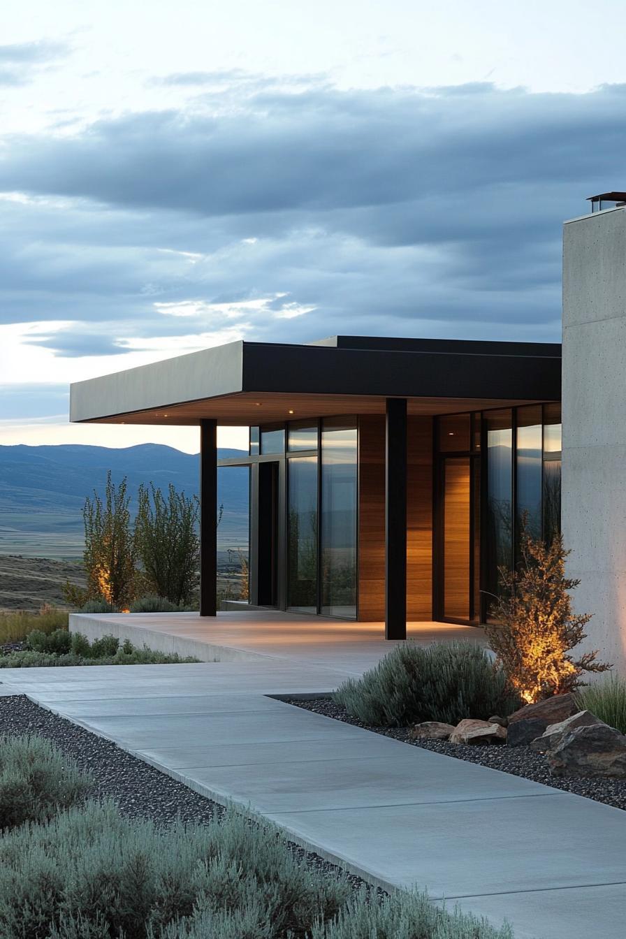 Modern house with glass walls and wide roof