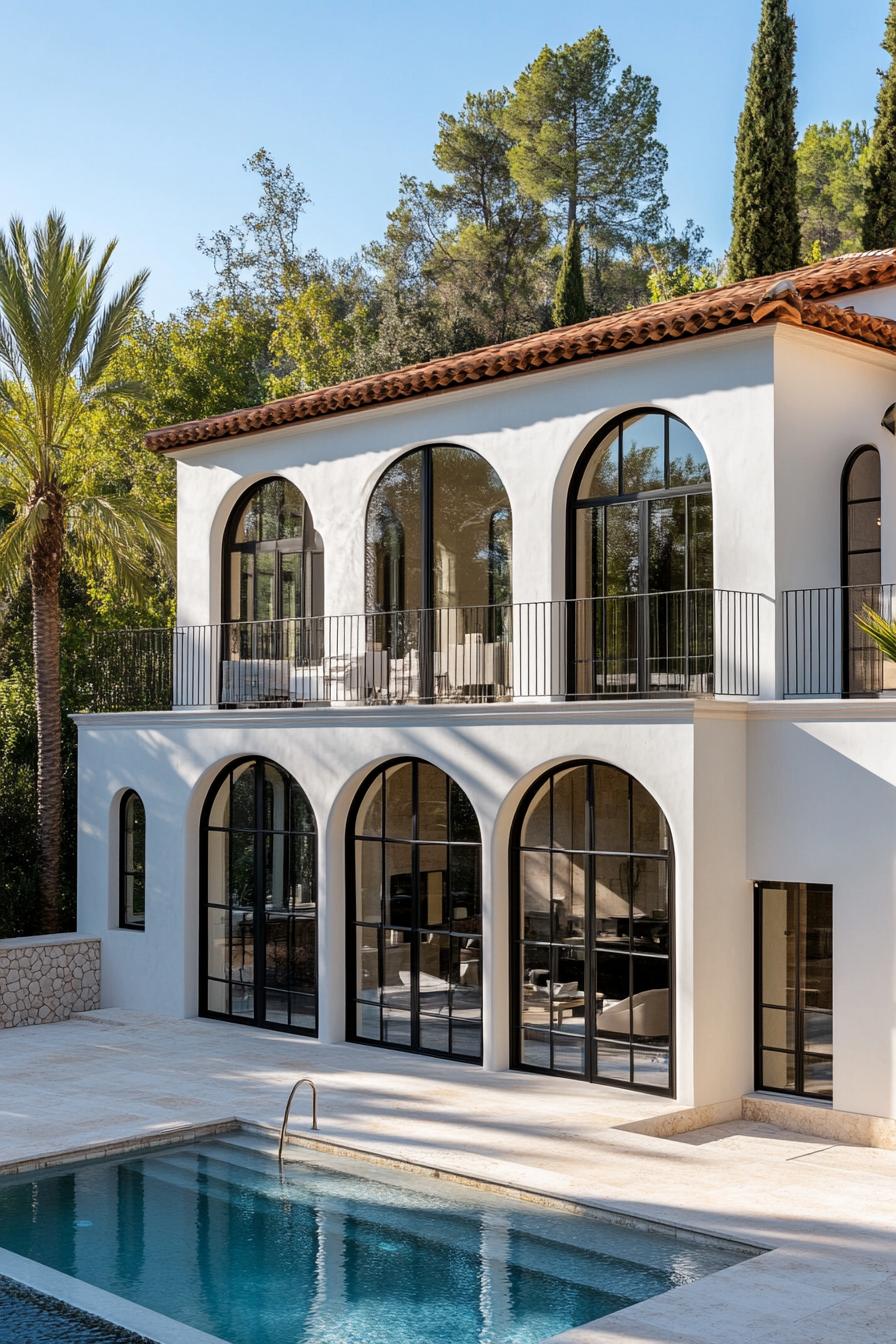 Italian villa with arched windows and a pool