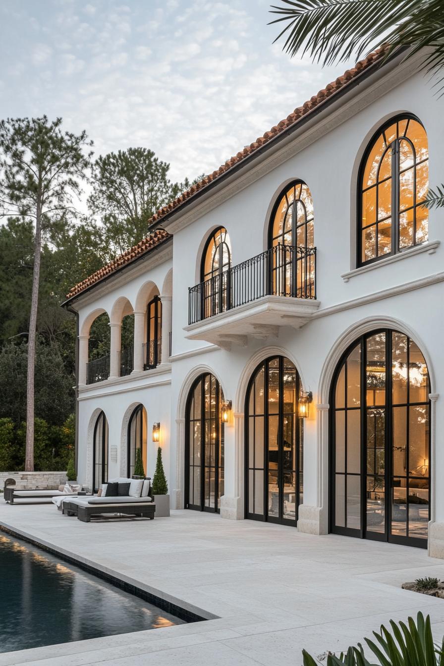 Villa with large arched windows and poolside seating