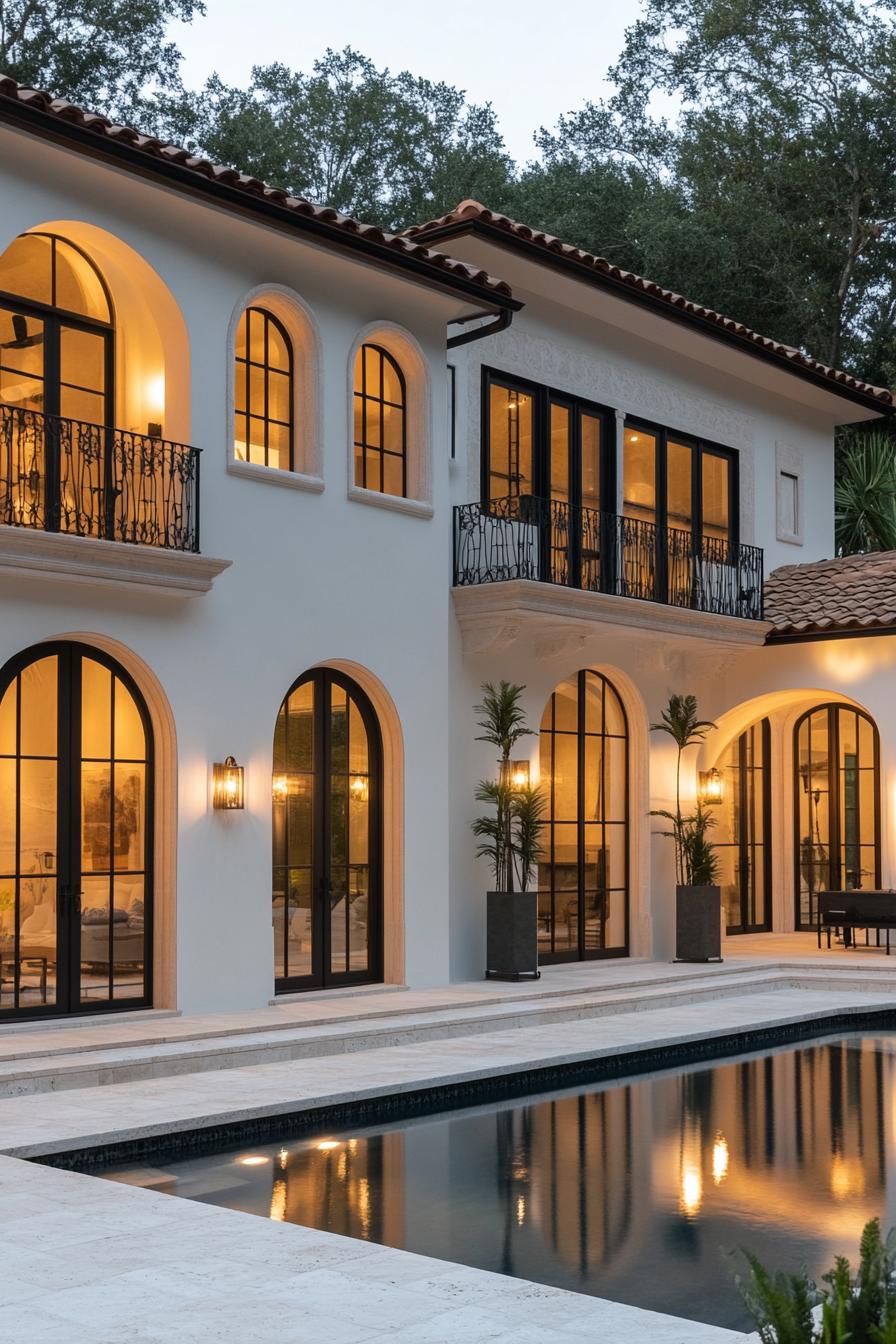 Italian villa with arches and pool reflection