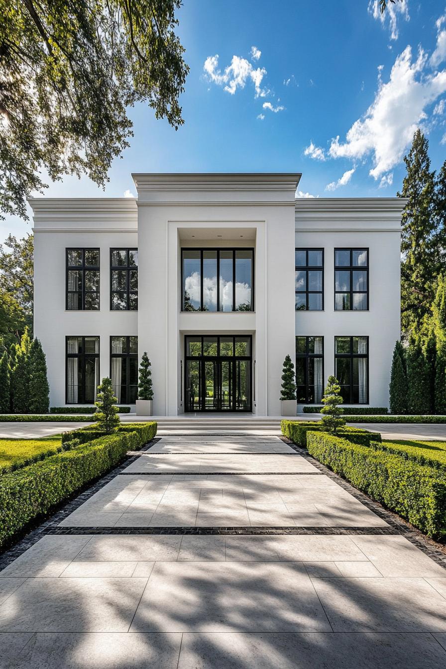 Modern villa with symmetrical design and lush greenery