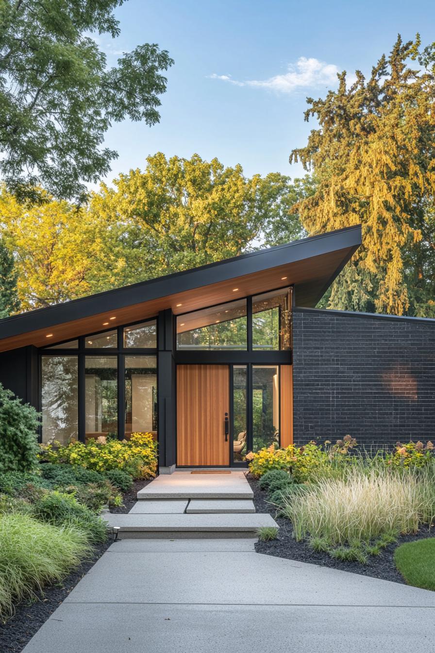 Modern house with skillion roof surrounded by lush greenery