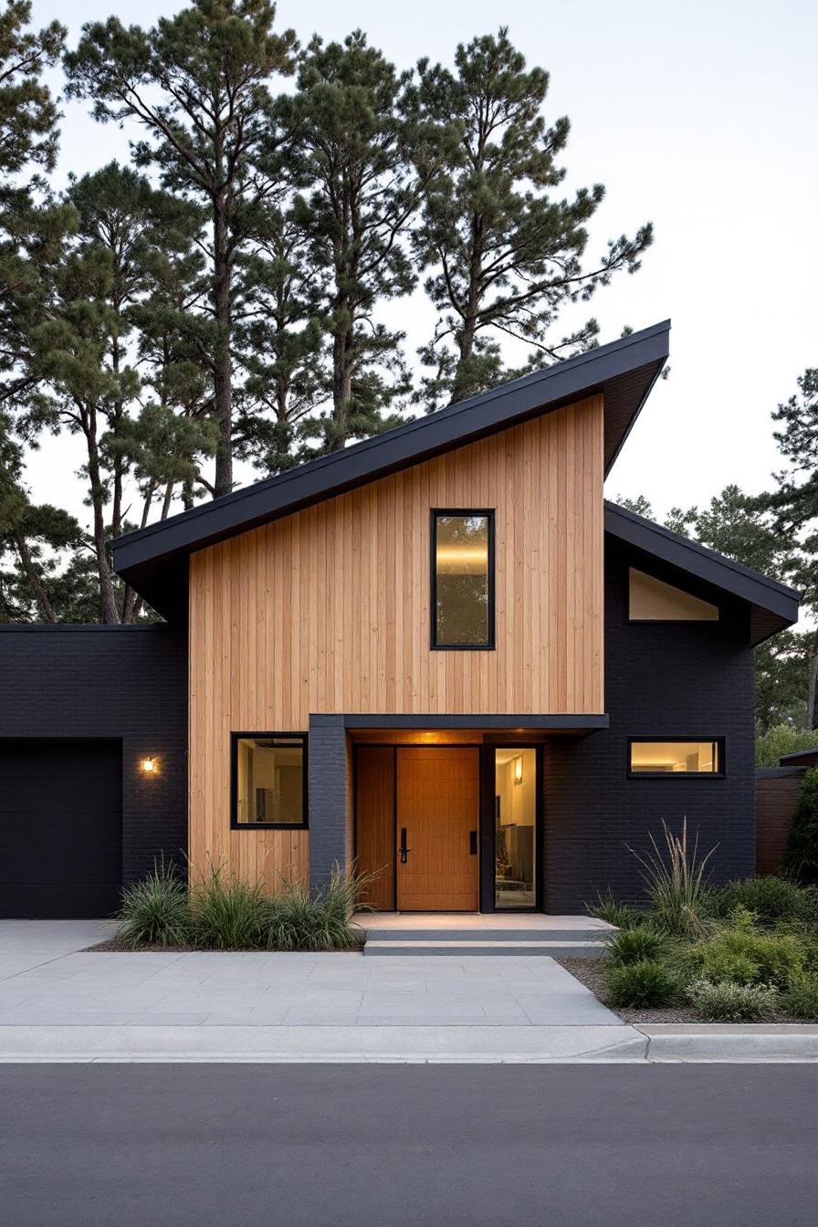 Modern house with a sloped roof surrounded by tall trees