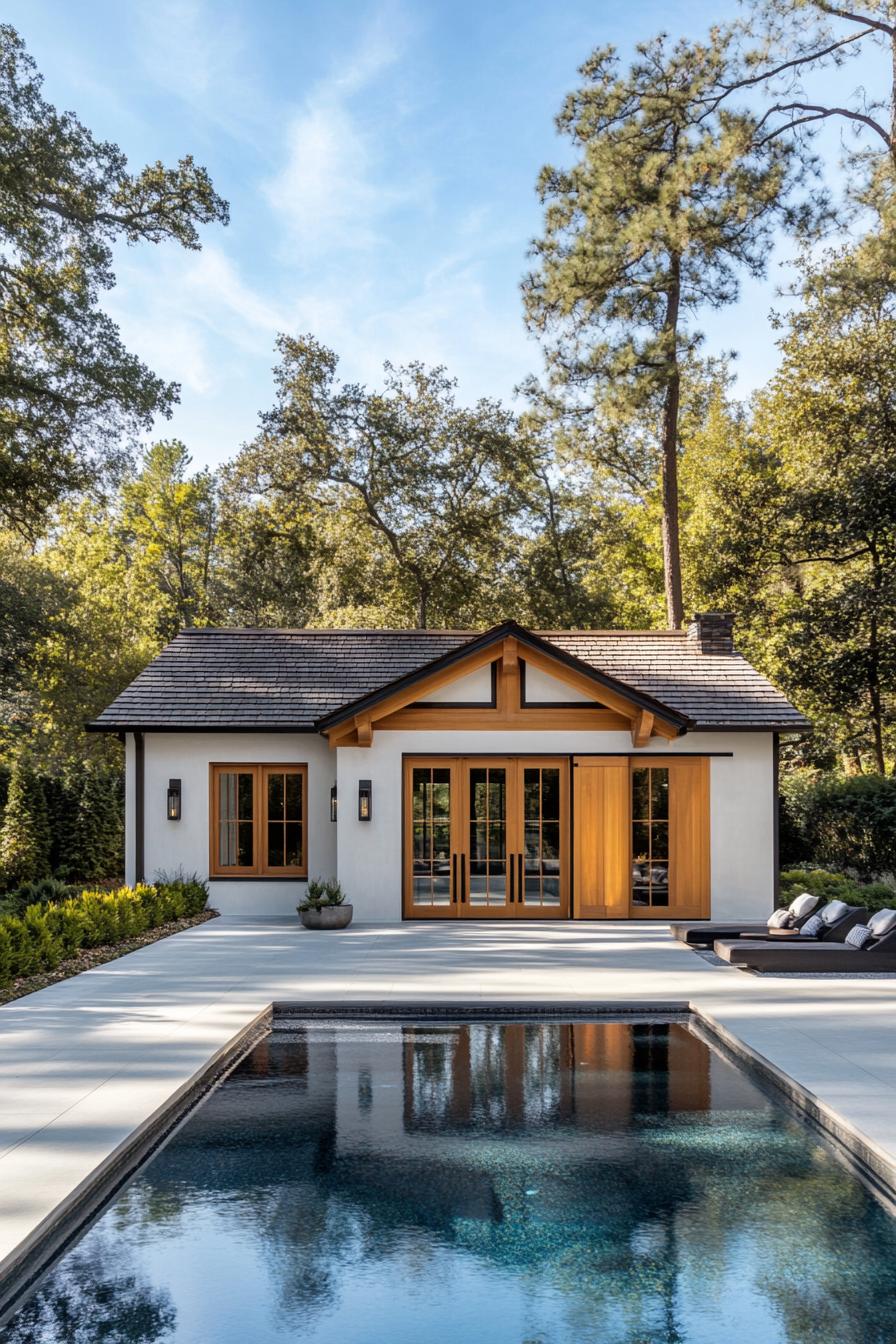 Pool house single story rectangular facade smooth stucco finish highlighting wooden beams simple rectangular shape construction uses stucco and 1