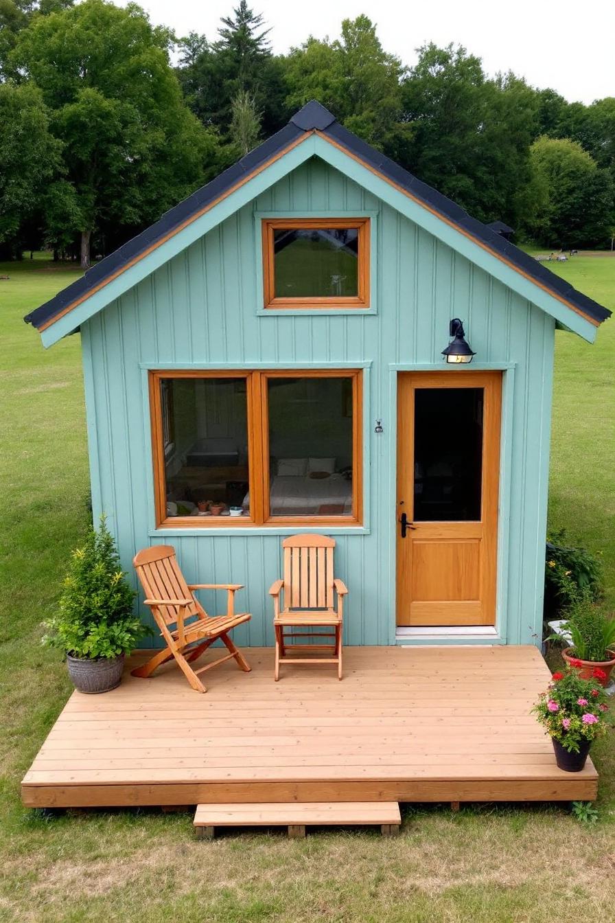 Tiny house with wooden porch on green lawn