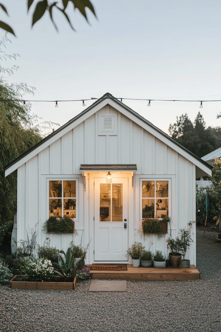 Small white cottage with lights, surrounded by plants