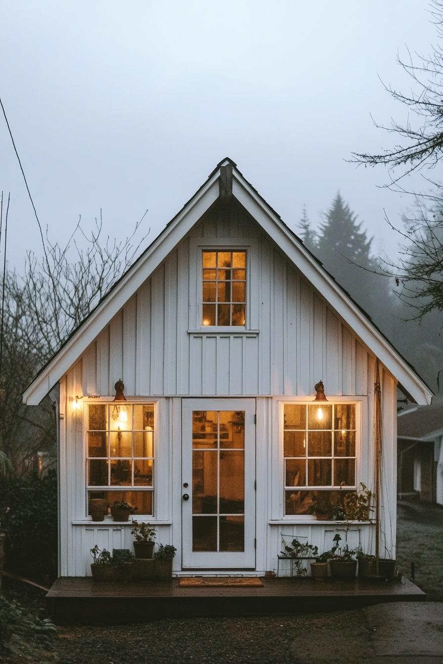 Tiny white cottage glowing warmly on a misty evening