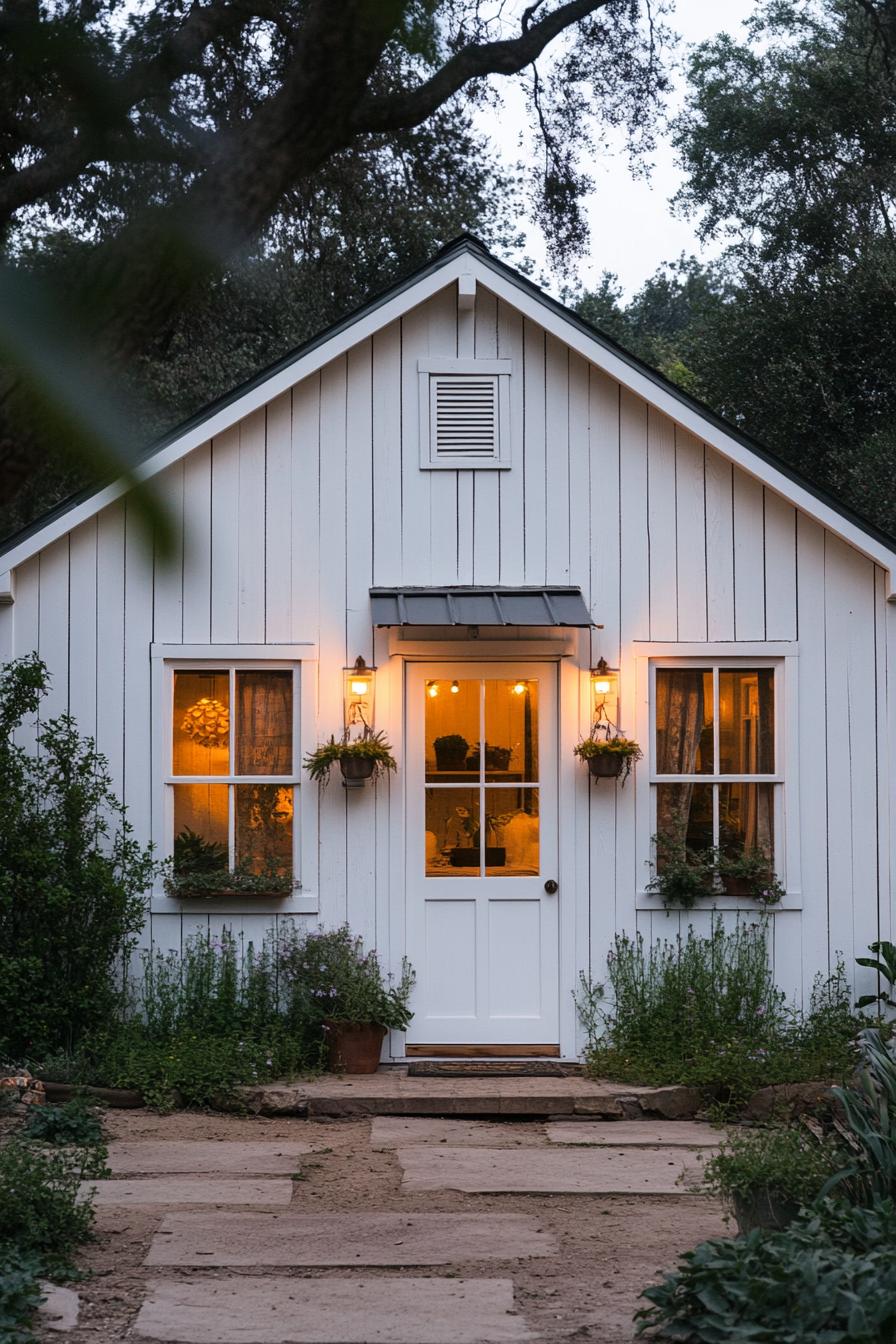 White cottage with glowing windows surrounded by greenery