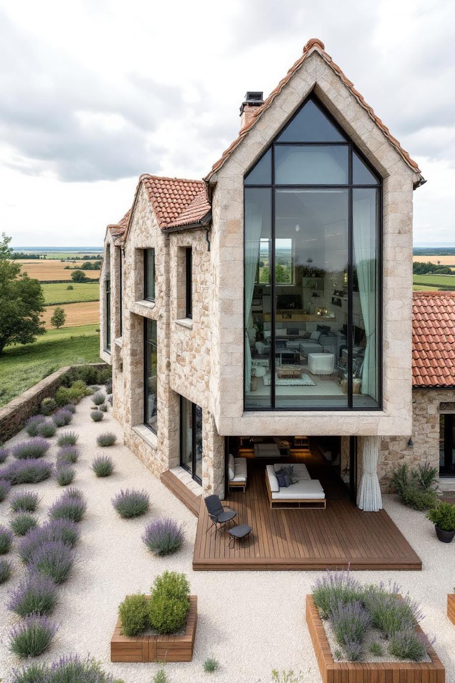 Stone house with large glass windows and a patio surrounded by lavender plants