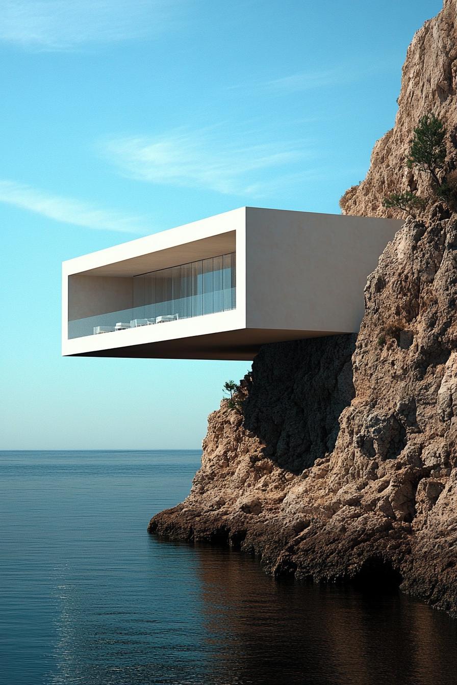 Modern house jutting out from a cliff over water