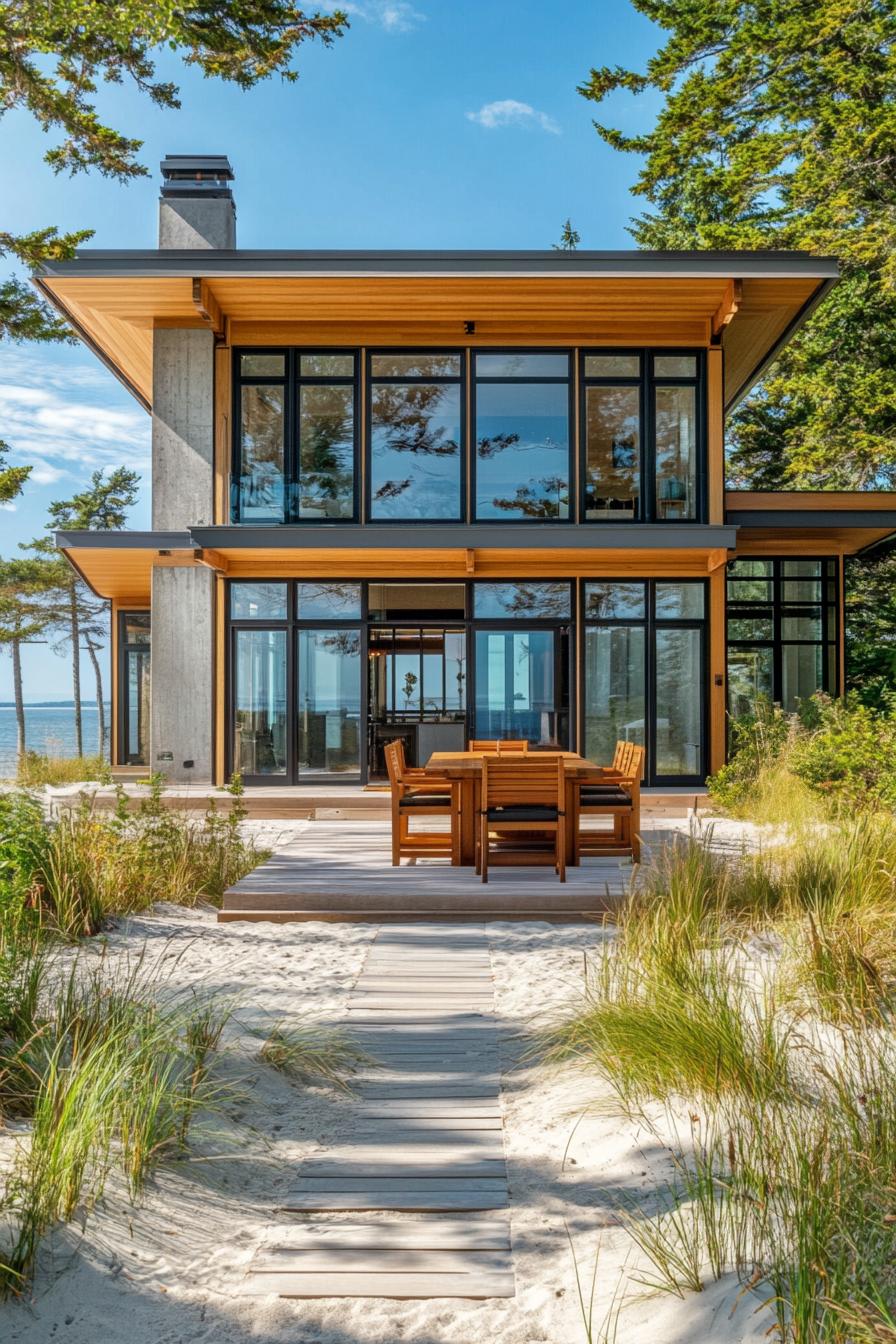 Modern beachfront house with large windows and outdoor dining area