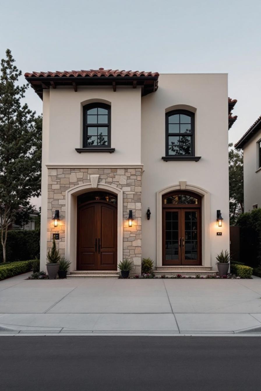 Two-story villa with a stone facade and warm lighting