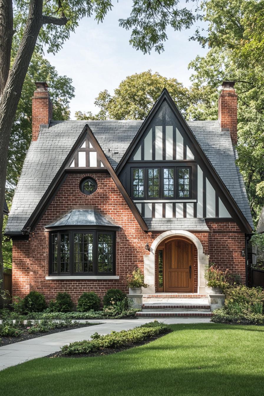 Charming brick Tudor house with gabled roof and wooden door