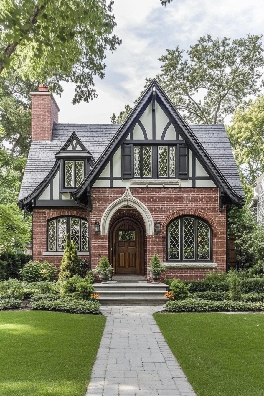 Contemporary Tudor cottage asymmetrical facade red brick with white accents white stucco with dark wood trim cross gabled roof gray asphalt 2