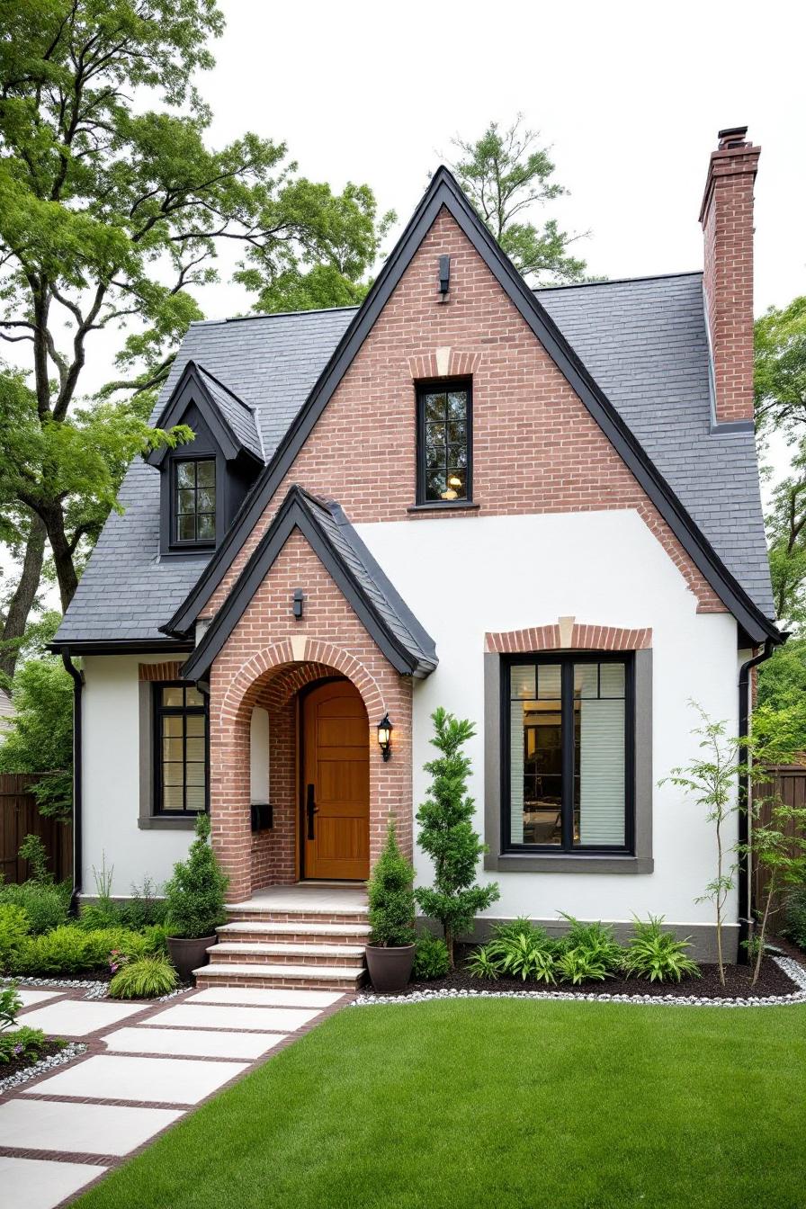 A modern Tudor cottage with red brick and manicured lawn