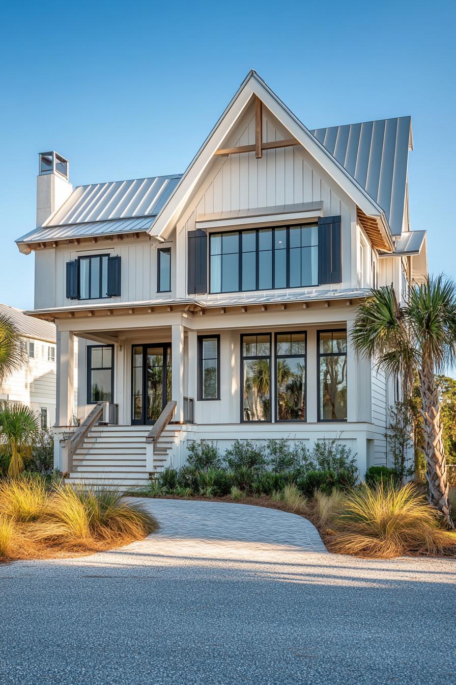 Modern coastal house with gabled roof and lush greenery