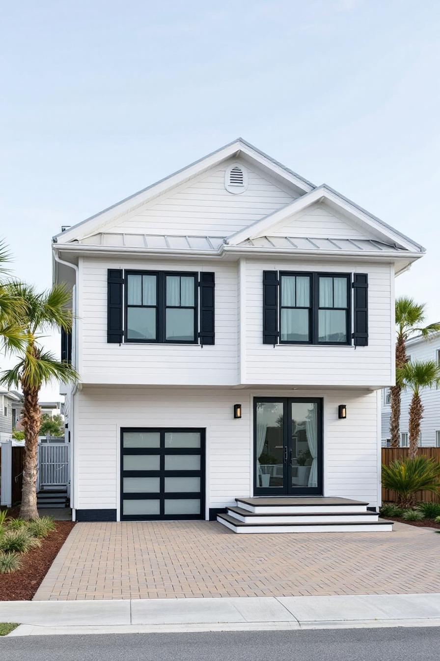 Crisp white coastal house with black accents and palm trees