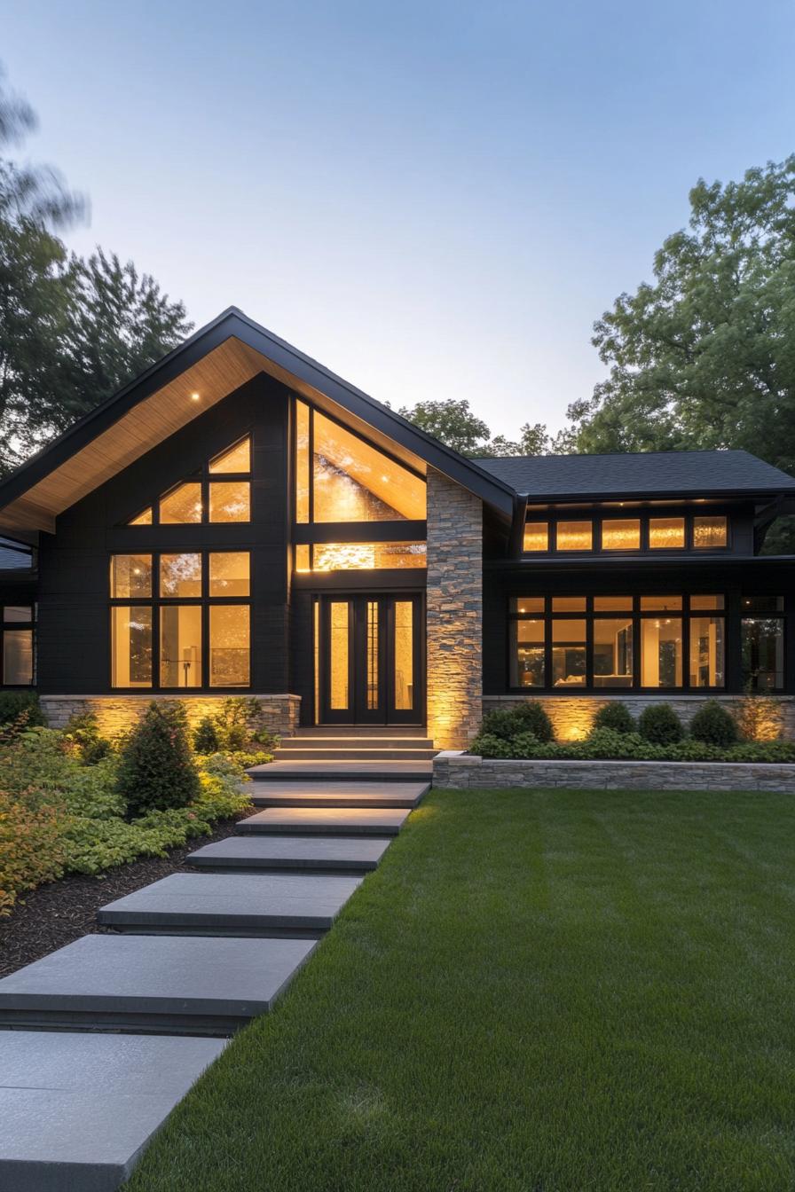 Modern house with large gables and glowing windows