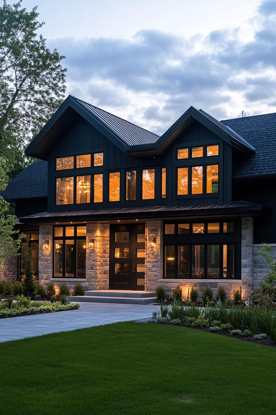 Modern house with large windows and stone, illuminated warmly at dusk