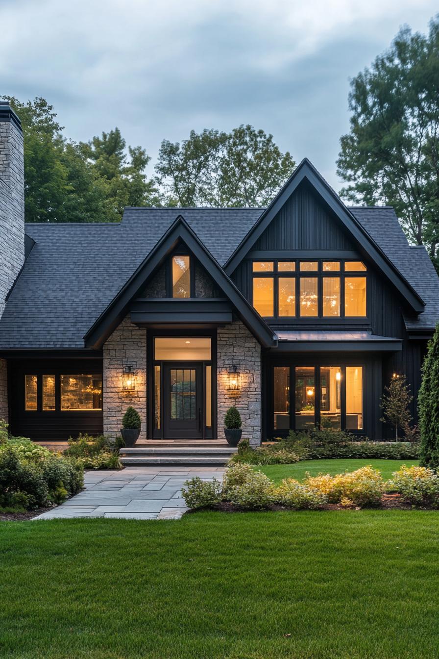 Gabled house with stone facade glowing warmly