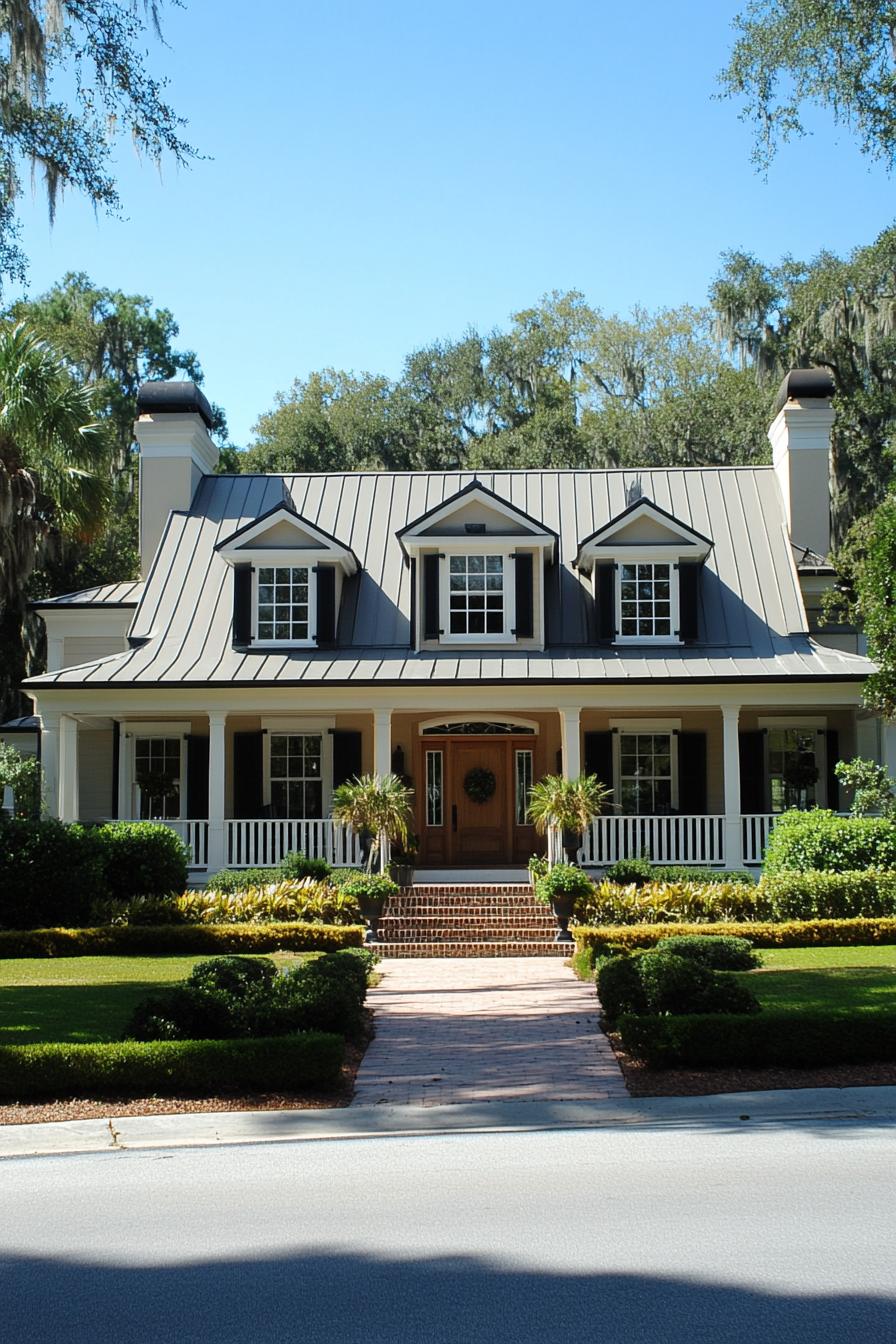 Elegant Southern home with a grand porch and lush landscape